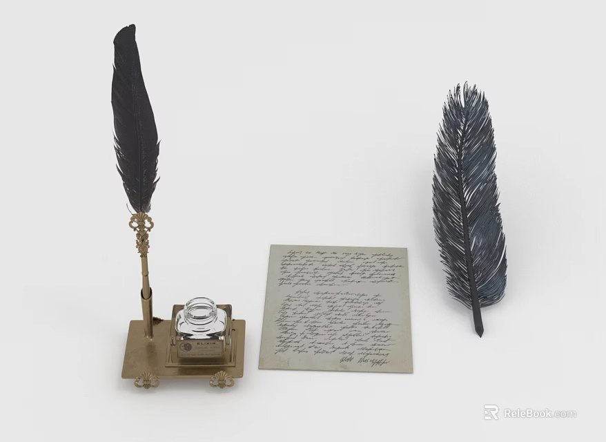 Vintage Quill Pen With Inkwell And Handwritten Letter On White Surface 3d model 