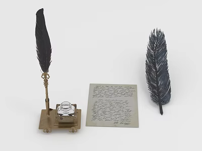 Vintage Quill Pen With Inkwell And Handwritten Letter On White Surface 3d model