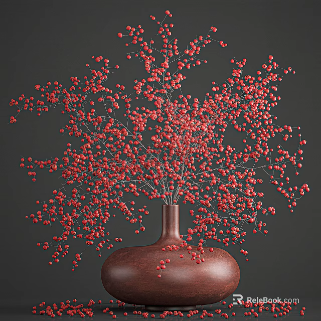 Elegant Brown Vase With Red Berries Floral Branches On Dark Background 3d model 