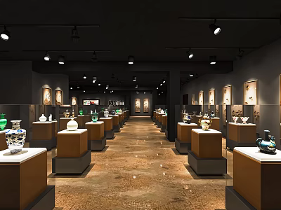 Cultural Center Interior With Well Lit Wooden Display Cabinets And Framed Artworks On Walls 3d model