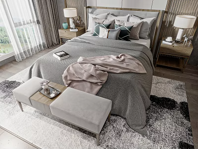 Cozy Modern Double Bed With Grey Quilt Blanket Bedside Lamps Bench And Rug 3d model