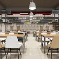 Spacious Food Court Interior With Long Display Counters Hanging Lights And Seating Areas