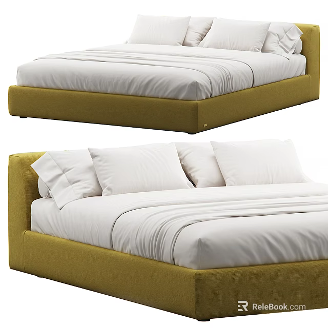 Modern Yellow Upholstered Double Bed Frame With White Bedding And Pillows 3d model 