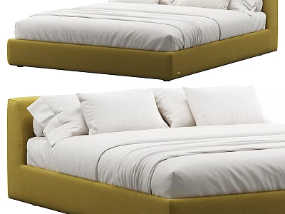 Modern Yellow Upholstered Double Bed Frame With White Bedding And Pillows 3d model