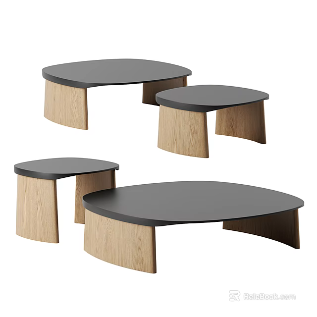 Modern Coffee Table Set With Wooden Legs And Black Tabletop 3d model