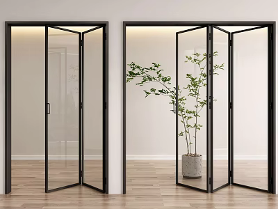 Sleek Folding Glass Doors With Black Frames In Modern Interiors 3d model