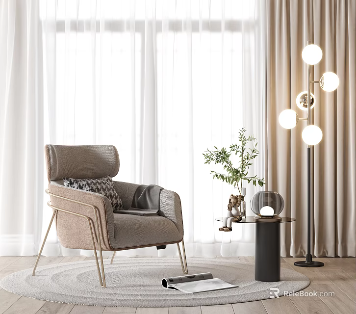 Light Beige Upholstered Modern Minimalist Accent Chair With Floor Lamp Side Table And Green Plant 3d model 