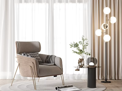 Light Beige Upholstered Modern Minimalist Accent Chair With Floor Lamp Side Table And Green Plant 3d model
