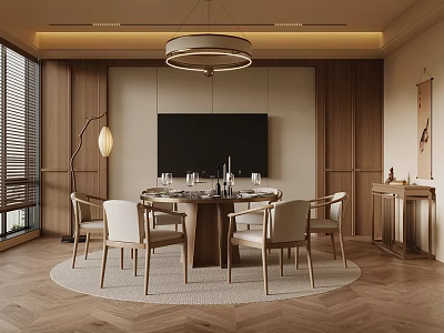 Elegant Private Dining Room Interior With Wooden Walls Round Table Ceiling Lamp And Herringbone Floor 3d model