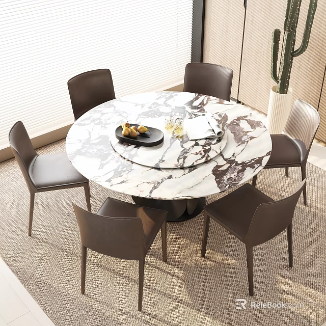 Modern Dining Table Set with Round Marble Tabletop and Dark Brown Chairs 3d model