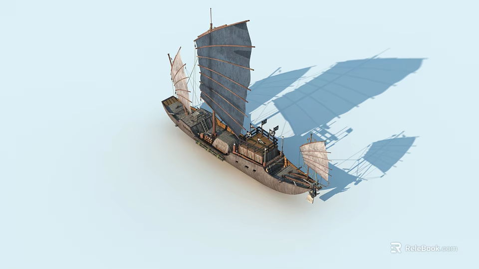 Sailing Ship With Blue And White Sails Wooden Hull And Shadow On Light Blue Background 3d model 