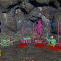 Ancient Cave Interior With Horned Statue Decorative Banners Pots Table And Shields