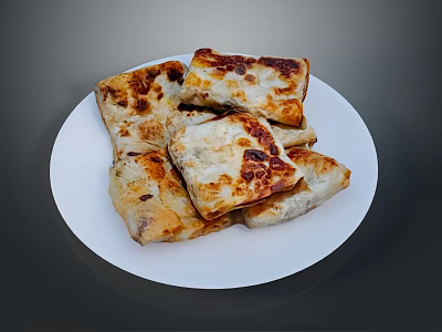 Golden Brown Crispy Pan Fried Dumplings Stacked On White Plate 3d model