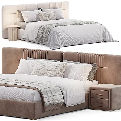 Modern Double Bed With Upholstered Headboard Decorative Pillows And Wooden Nightstand 3d model