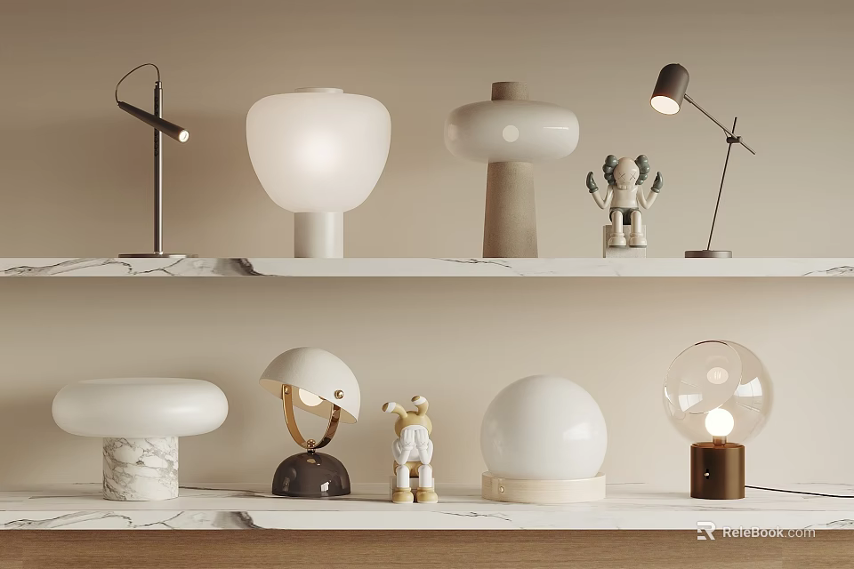 Stylish Modern Table Lamps With Various Designs On Marble Shelves And Decorative Figurines 3d model 
