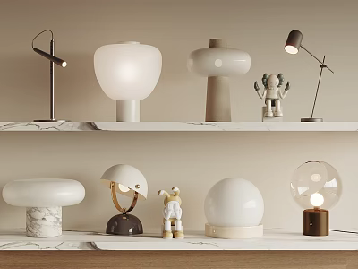 Stylish Modern Table Lamps With Various Designs On Marble Shelves And Decorative Figurines 3d model