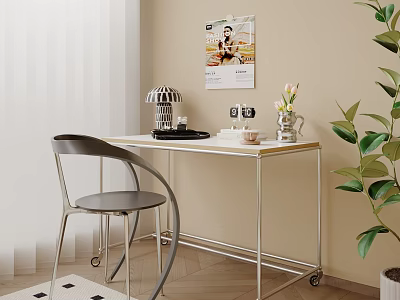 Modern Desk Interior With Chair Stylish Lamp Poster And Green Plant 3d model