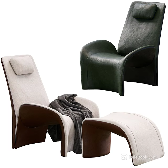 Modern Lounge Chair Design Featuring White And Dark Green Leather With Cozy Blanket And Pillow 3d model 