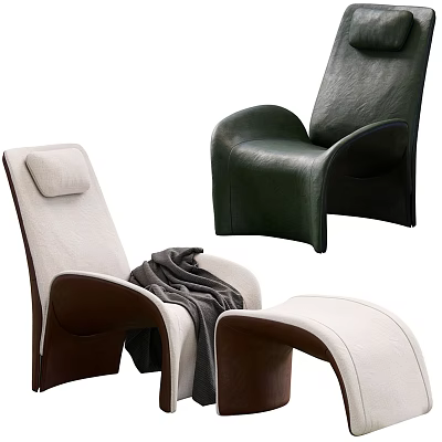 Modern Lounge Chair Design Featuring White And Dark Green Leather With Cozy Blanket And Pillow 3d model