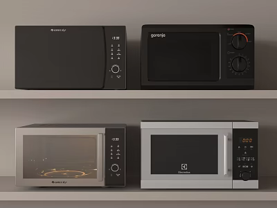 Various Types Of Modern Kitchen Appliances Microwaves On Shelf 3d model