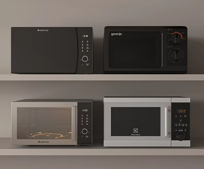 Various Types Of Modern Kitchen Appliances Microwaves On Shelf 3d model