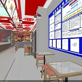 Bright Restaurant Interior With Red Ceiling Blue Menu Board And Wooden Tables Red Chairs