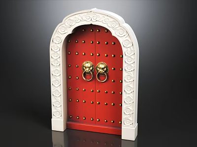 Traditional Chinese Arched Red Wooden Door With Brass Lion Knockers And Carved White Stone Frame 3d model