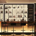 Modern Bar Interior With Glass Shelves Bottles Bar Stools And Warm Lighting
