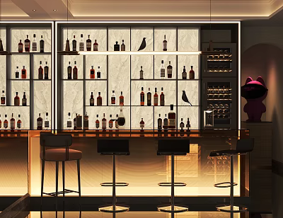 Modern Bar Interior With Glass Shelves Bottles Bar Stools And Warm Lighting 3d model