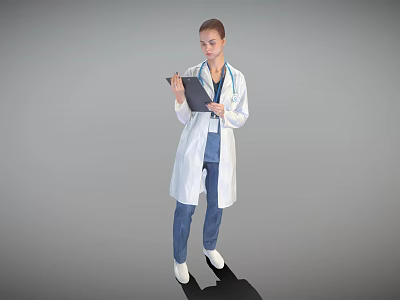 Woman Doctor Wearing White Coat Standing And Holding Clipboard Against Neutral Gray Background 3d model