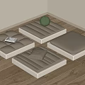 Square Poufs in Beige Light Gray Cream on Wooden Floor with Green Tennis Ball Magazine Folded Blanket