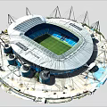 Modern Football Stadium With Unique Roof Structure Green Pitch And Supporting Towers