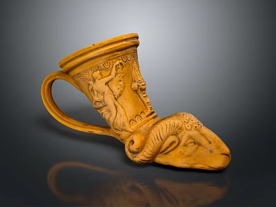 Carved Ceramic Cup With Ram Head Design And Intricate Decorative Motifs 3d model