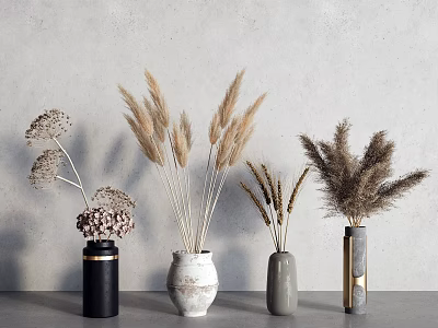 Minimalist Dried Flower Arrangements In Black White Gray Ceramic Vases With Gray Concrete Wall 3d model