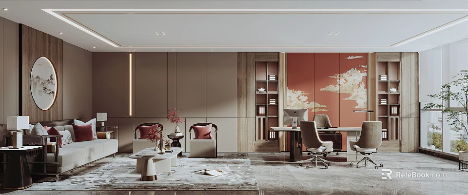 Modern Luxury Office Interior With Sofa Coffee Table Desk Bookshelf And Artwork 3d model 