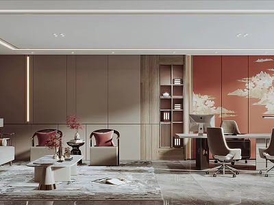 Modern Luxury Office Interior With Sofa Coffee Table Desk Bookshelf And Artwork 3d model