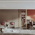 Modern Luxury Office Interior With Sofa Coffee Table Desk Bookshelf And Artwork