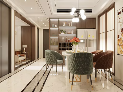 Modern Dining Living Room Interior With Chandelier Dining Table And Green Brown Chairs 3d model