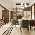 Modern Dining Living Room Interior With Chandelier Dining Table And Green Brown Chairs