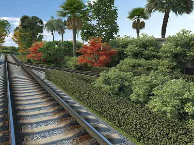 Park Landscape With Railroad Tracks Palm Trees Red Maple Trees Green Shrubs And Blue Sky 3d model