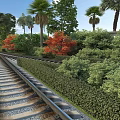 Park Landscape With Railroad Tracks Palm Trees Red Maple Trees Green Shrubs And Blue Sky