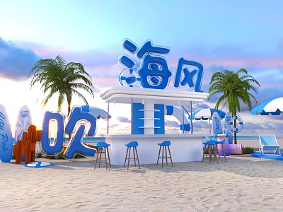 Beach Scene With Sea Breeze Sign Palm Trees Bar Counter Stools Umbrellas And Surfboards 3d model