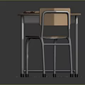 Wooden Student Desk And Chair With Metal Frame And Wood Shavings On Tabletop