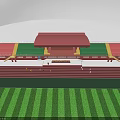 Outdoor Sports Stadium Featuring Red Running Track Green Stands Pink Roof And Athletes