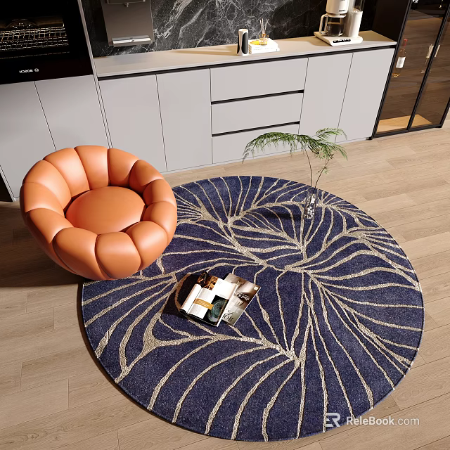 Dark Blue Round Rug With White Leaf Pattern On Wooden Floor Near Orange Chair 3d model 