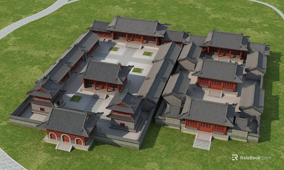 Traditional Chinese Ancient Architecture Featuring Curved Tile Roofs Red Walls And Symmetrical Courtyard Layout 3d model 