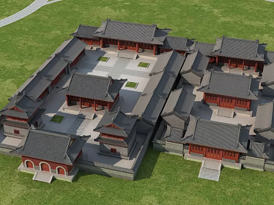 Traditional Chinese Ancient Architecture Featuring Curved Tile Roofs Red Walls And Symmetrical Courtyard Layout 3d model