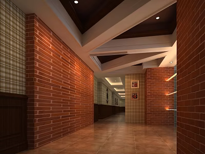 Cozy Restaurant Long Corridor With Red Brick Walls Checkerboard Tile And Wooden Ceiling 3d model