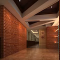 Cozy Restaurant Long Corridor With Red Brick Walls Checkerboard Tile And Wooden Ceiling