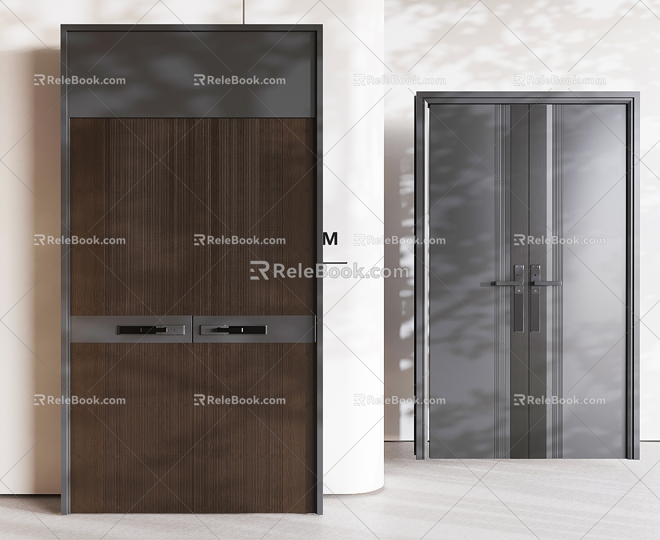 Solid wood double door double door double door entry door intelligent door lock 3d model